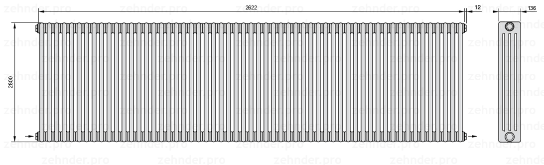 Схема (чертеж) Радиатор Zehnder Charleston 4280/57 №2670 Белый глянцевый RAL 9016